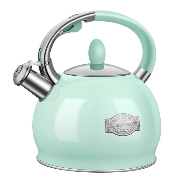 RETTBERG Tea Kettle for Stovetop Whistling Tea Kettles Modern Green Stainless Steel Teapots, 2.64 Quart (Mint Green)