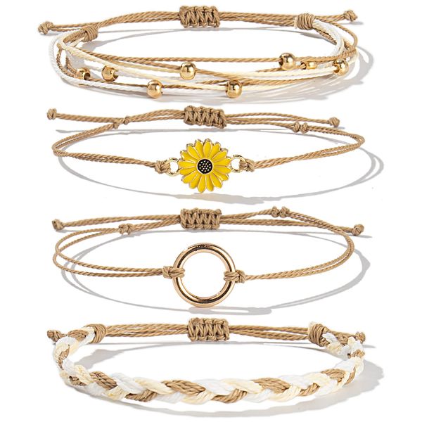 FANCY SHINY Sunflower String Bracelets Cute Beaded Handmade Rope Bracelet Set Adjustable Braided Circle Charm Bracelet Pack for Teen Girls Women(Sand)