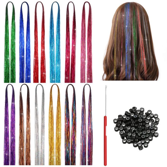 Tinsel Hair Extensions,12 Farben Haar Lametta Stränge,Haarverlängerung mit Werkzeugen,Haarteil Haarverlängerung Strähnen Extensions,Glitzer Haarsträhnen,für Frauen Mädchen Hair Flairs