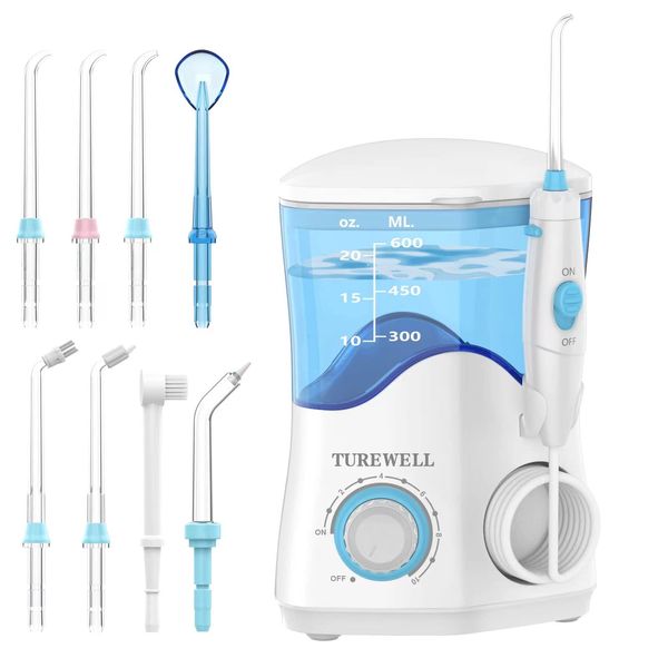 Water Dental Oral Irrigator for Teeth/Braces,10 Pressure Levels Water Teeth Cleaner 8 Water Jet Tips for Family, 600ML Electric Dental Flosser Pick for Tooth Cleaning (White)