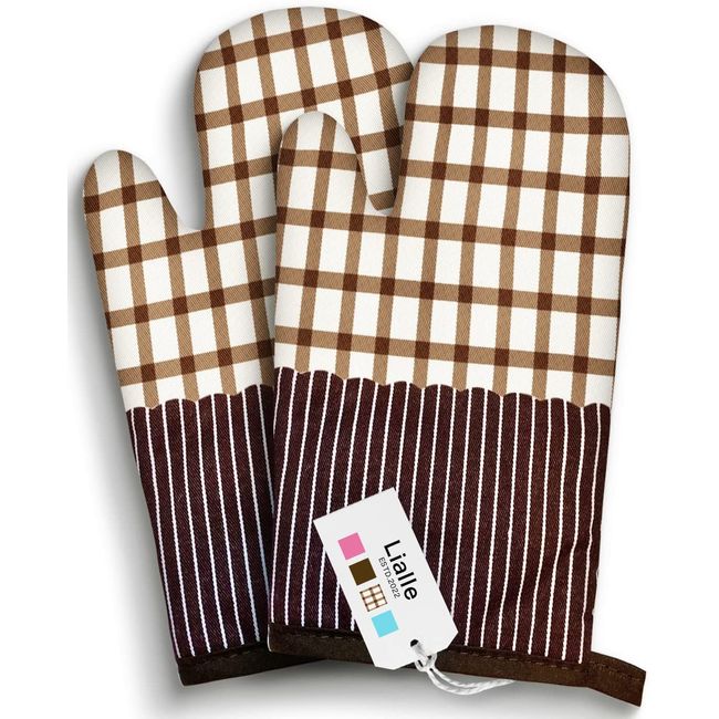 LIALLE Mittens - Potholder Pot Holders, Heat Resistant, 60°F (260°C), Kitchen Mittens, Made in Japan, Set of 2 (Brown Check)