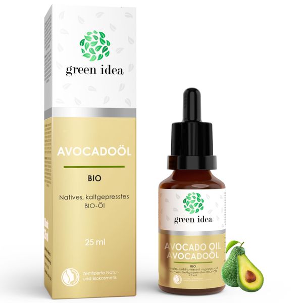 green idea - Avocadoöl BIO kaltgepresst | für Haut, Haare und Gesicht | Glas-Flasche mit pipette | Natrue-Zertifikat - VEGAN 25 ml