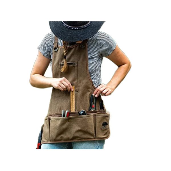 Ironwood Tool Co. 16oz Waxed Canvas Garden Tool Apron with shoulder pads, double stitched pocket, metal grommets for strap