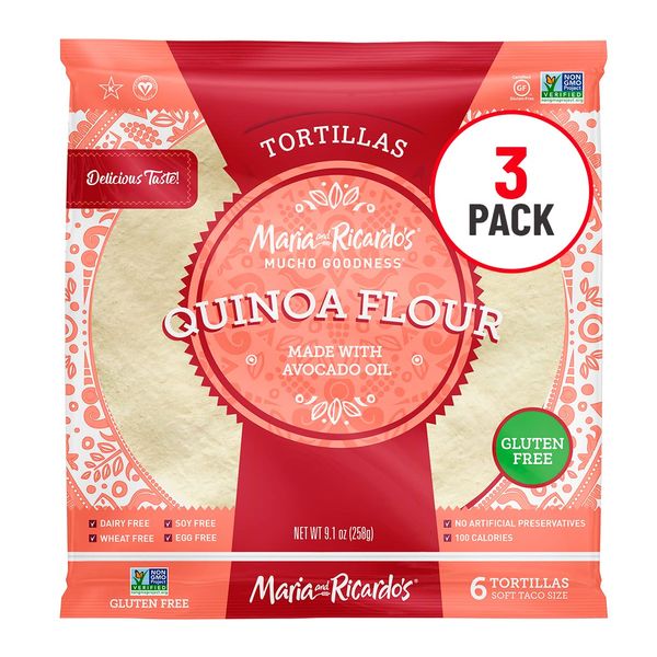 Maria & Ricardo's Quinoa Flour Gluten Free Tortillas. (3 Pack) Non GMO PV, Vegan, Kosher. Certified Gluten Free. 6 Tortillas per Pack