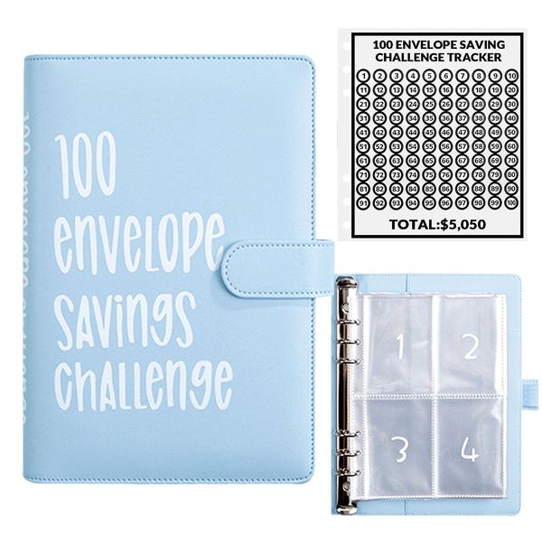 100 Envelopes Money Saving Challenge Binder, Easy and Fun Way to Save $5,050, Savings Challenge Budget Book with Cash Envelopes for Office, Home, School (Blue)