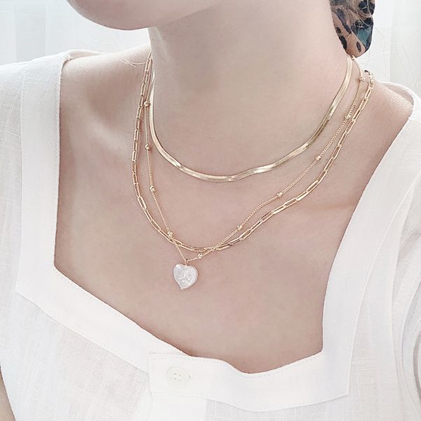 [Free Shipping] 3set Heart Pearl Ball Chain Layered Necklace