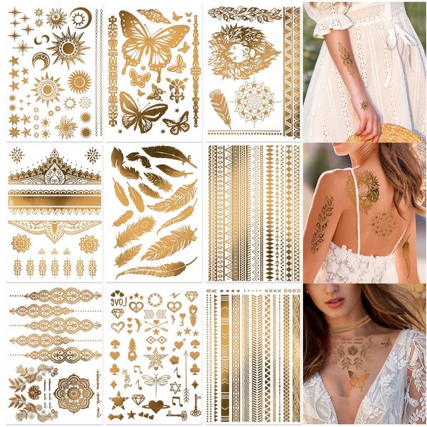 HOWAF 9 Blatt Gold Temporäre Tattoos Metallic Tattoos Gold Tattoo Festival Tattoos Aufkleben Flash Tattoo Glitzer Goldene Tattoos Erwachsene Klebetattoos Wasserdichte Temporäre Tattoos Frauen Mädchen