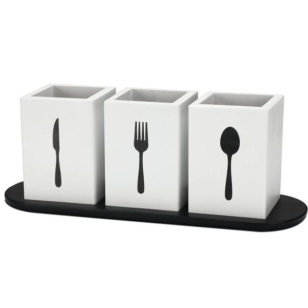 Kathfly 4 Pcs Silverware Caddy Utensil Holder for Countertop Silverware Organizer with Wood Tray Spoon Fork Holder for Kitchen Parties(White)