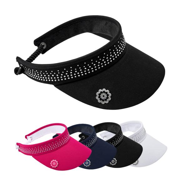 Surprizeshop Womens Golf Embellished Crystal Visor | Telephone Wire | Built in Magnet | Hand Enamelled 25mm Ball Marker | Rigid Peak | Multiple Colours | Golf Visor | Tennis Visor (Black)