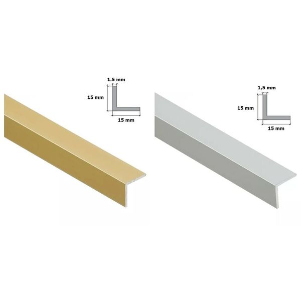 Aluminum Anodised Angle Equal-Sided Trim, Angle Bar, Corner Strip Protector, Straight Edge, Multiple Sizes 1 Metre GOLD and SILVER TMW Profiles (Silver, 15x15 (0.59in x 0.59in))