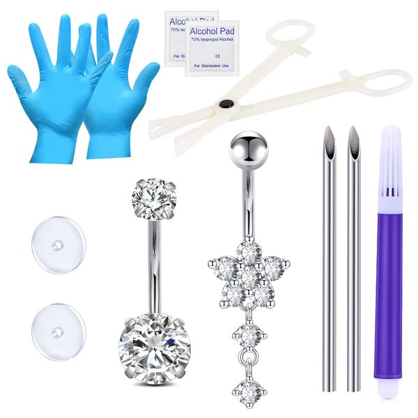 JIESIBAO Belly Button Piercing Kit,14G Dangle CZ Belly Button Ring Surgical Steel Belly Piercing Kit with 10mm 12mm Belly Button Jewelry 12G Piercing Needles Forceps Self Piercing Kit