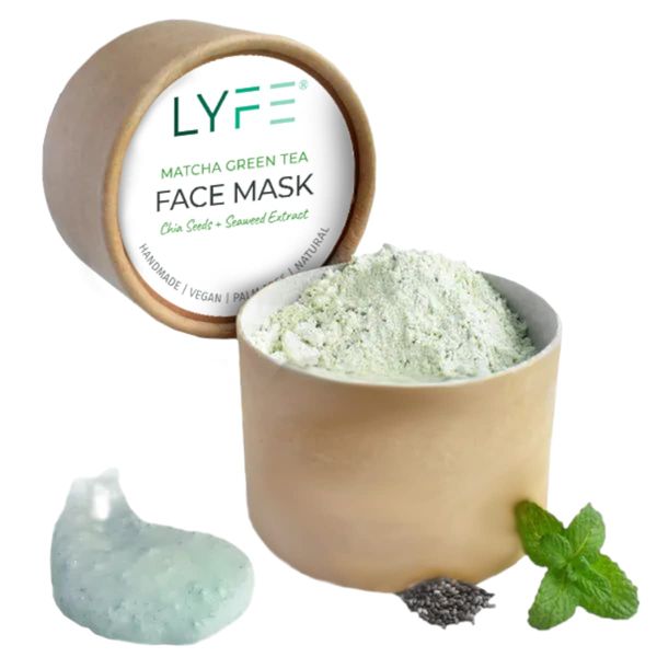 LYFE Matcha Green Tea Face Masks Beauty Natural Antioxidant with Chia seeds and Sea Weed Extract, Rejuvenating, Hydrating and Toning. Vegan Luxury 45 gram Powder Eco-pack