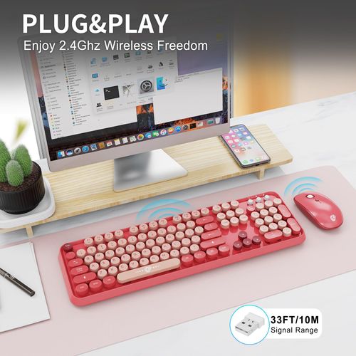 Wireless Keyboard and Mouse Combo, 2.4 GHz Full-Sized Typewriter Keyboard and Mouse Wireless with Round Keycaps for Windows, Computer, Desktop, PC, Laptop (BerryPink)
