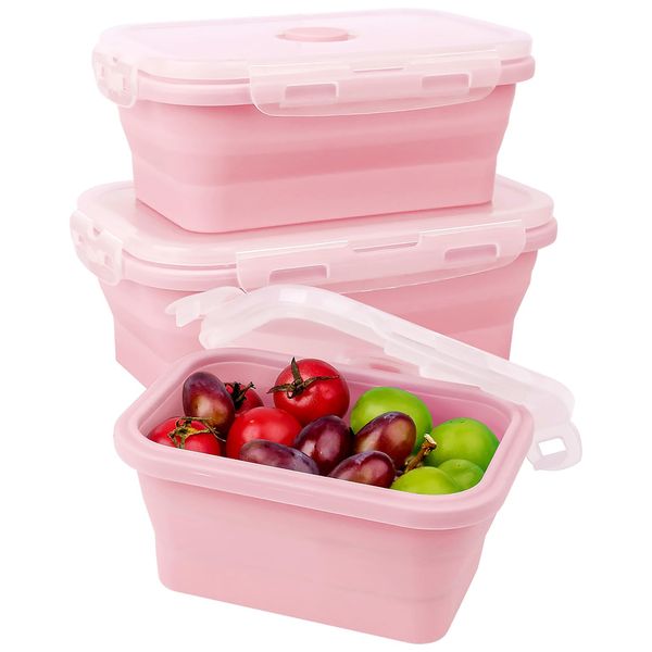 Collapsible Food Containers Silicone Lunch Box Meal Prep Containers Reusable Food Storage Containers with Lids Airtight Freezer Microwave Safe Stackable Lunch Box Bento Box Set of 3, Pink