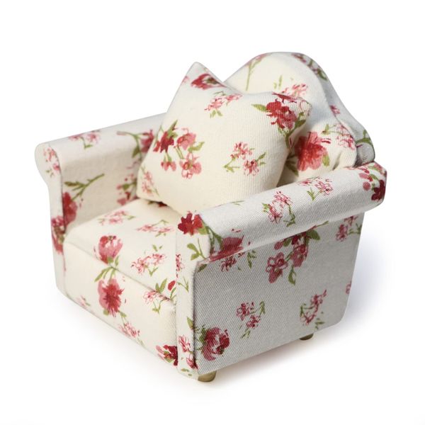 Dollhouse Couch with Pillow 1 12 Scale Miniature Sofa Arm Chair Living Room Furniture Wooden Fabric Frame Single Reading Chair Artificial House Room Scene Decoration (White Floral)