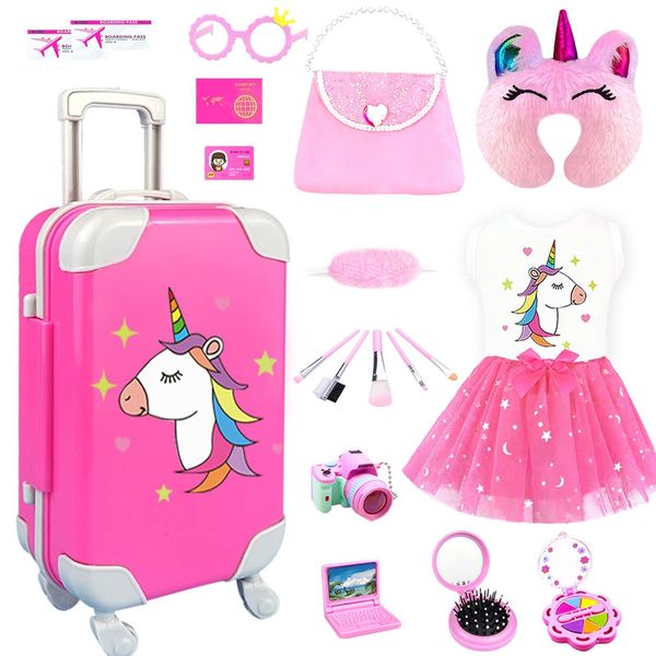 BNUZEIYI Doll Clothes and Accessories - Travel Play Set for 18 Inch Doll, Doll Stuff with 18 Inch Doll Clothes, Cute Bag, Travel Pillow and Doll Pretend Makeup for 18 Inch Girl Doll Girl Gift