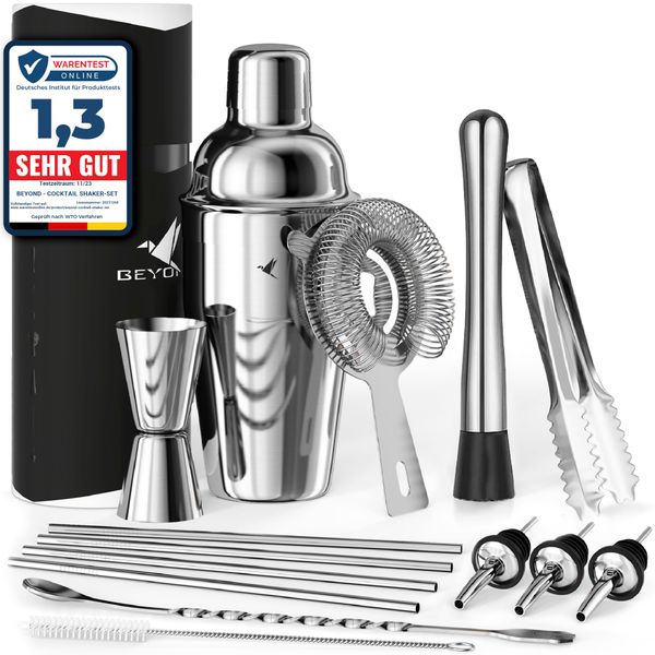 Beyond 15-teiliges Cocktail Shaker Set - Edelstahl Cocktail Set mit Bar Zubehör in Geschenkbox - Set mit Sieb, Messbecher, Jigger, Stössel, Löffel - Edles Cocktailmixer Barset - Cocktailshaker Set