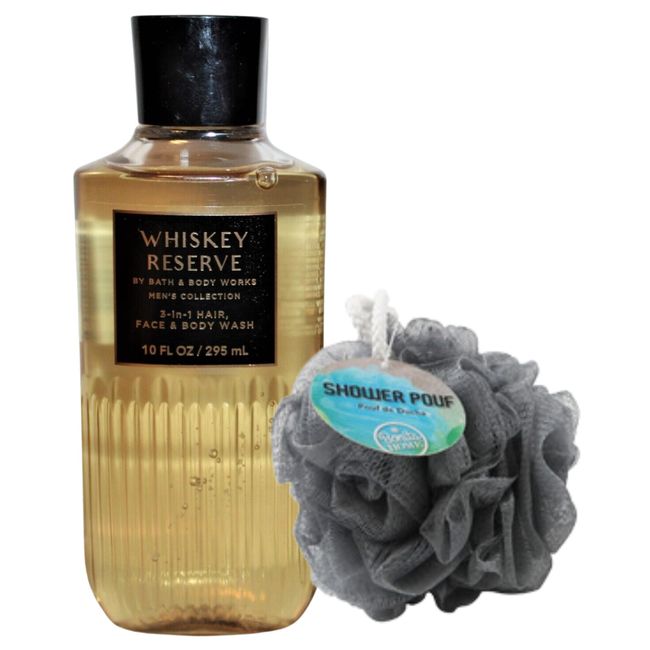 Shower Bathing Gift Set Bundle with 10 ounce Bath and Body Works Shower Gel Soap & Loofah Pouf Sponge - Gift, Birthday, Mother's Day (Whiskey Reserve)