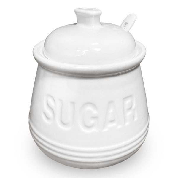 NAXIHOPT Sugar Bowl with Lid and Spoon, Ceramic Sugar Containers for Countertop, Sugar Cube Jar Coffee Bar Accessories, Covered Sugar Holder for Kitchen 12oz, White