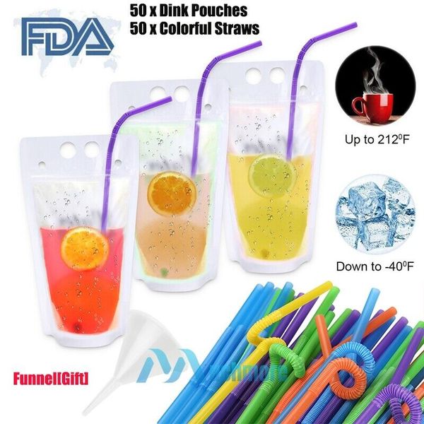 50pcs Zipper Stand-Up Juice Drink Pouches Translucent+50 Pcs Drink Straws+Funnel