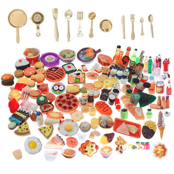 SIX VANKA Miniature Food Drinks Toys 110pcs Mixed Resin Pizza Hamburgers French Fries Wine Decoration Tableware Doll house for Adults Childrens Pretend Play Kitchen Cooking Game Birthday Party Present