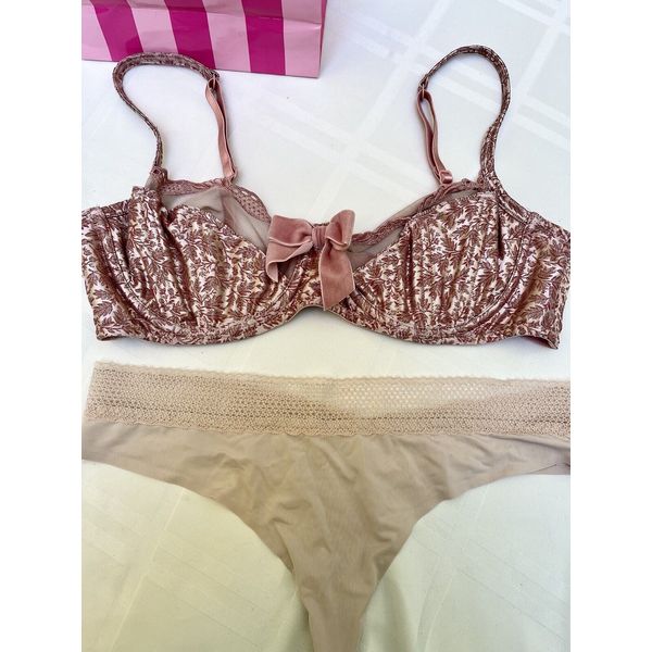 Vtg Victoria's Secret Bra Satin Pink Raised Velvet Leaf + Free Thong Panty M 36C