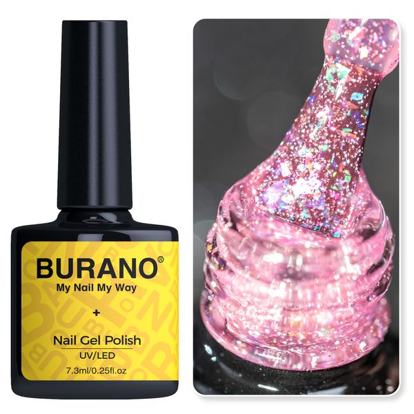 BURANO Holographic Gel Polish, Reflective Glitter Gel Polish 7.3ml UV LED Pink Glitter Gel Nail Polish for Home DIY, Diamond Gel Nail Polish Curing Required (YH25)