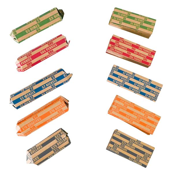 NATURALABEL 500 Assorted Flat Coin Wrappers, 100 Each of Quarters, Dollars, Dimes, Nickels, Pennies, Coin Striped Kraft Packing