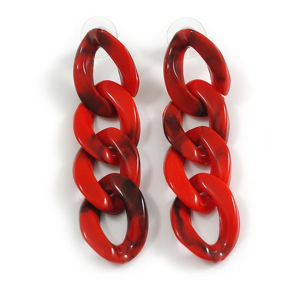 Large Oval Link Acrylic Chain Drop Earrings/Marble Effect in Red/Black/60mm Long