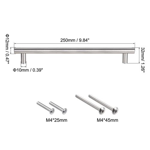 uxcell T Bar Pull Handle 250mm Length 12mm Diameter Stainless Steel Cabinet Pull 160mm Hole Center Distance