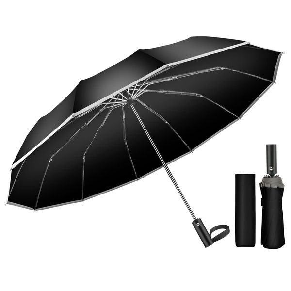 MRTLLOA Folding Umbrella, Men's Folding Umbrella, 12 Ribs, Includes Reflective Tape, One-Touch, Auto Open and Close, Sun or Rain, Large, Solid, Windproof, Water Repellent, Storage Pouch Included,