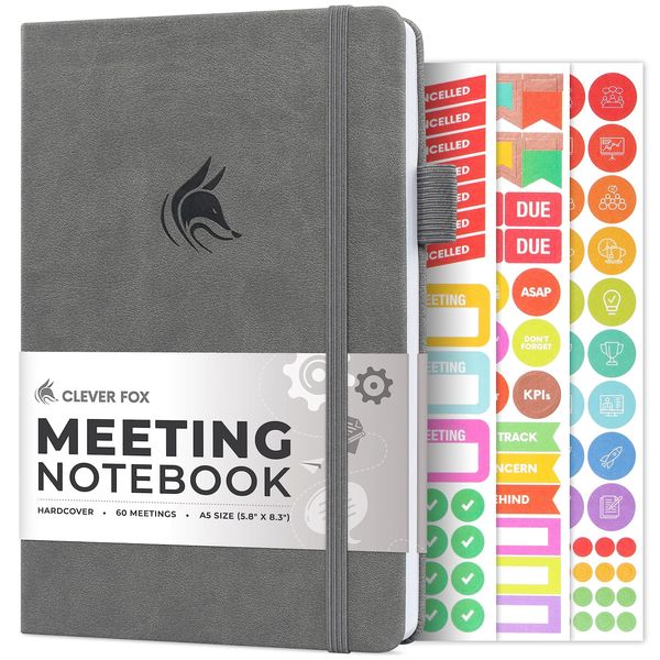 Clever Fox Meeting-Notizbuch – Organizer für Meeting-Agenda, Notizen und Aktionspunkte – Notizblock für Projektmanagement und Meetings – undatiert, Hardcover, A5, 14 x 21 cm (5,8 x 8,3 Zoll), Grau