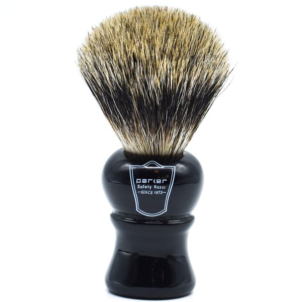 Parker Safety Razor, Long Loft 3-Band Pure Badger Bristle Shaving Brush with Ebony Handle - Brush Stand Included