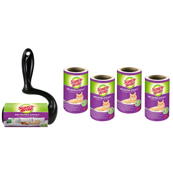 Scotch-Brite Pet Extra Sticky Roller für Tierhaare 48 Blatt + 4 Scotch-Brite Pet Extra Sticky Ersatzrolle für Tierhaare 48 Blatt Weiß