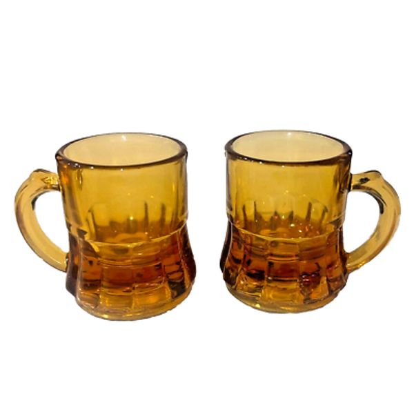 Federal Amber Glass Mini Beer Mug Shot Glasses LOT of 2 Vintage Jigger Barware