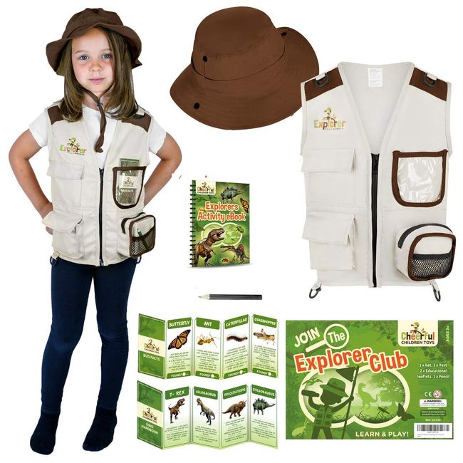 Cheerful Children Toys Kids Explorer Costume Kit including Safari Vest and hat plus Dinosaur and Bug Educational Handbooks. For Dress up, Outdoor Adventures and Role play. Suitable for 3-7 year olds.…