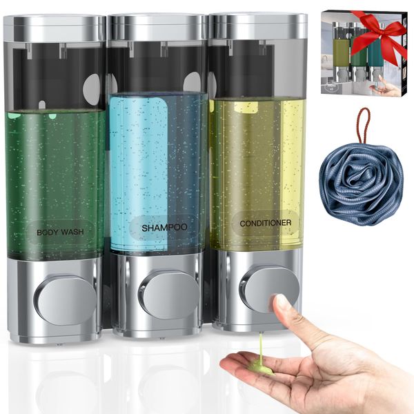 3 in 1 Shower Soap Dispenser, Shampoo and Conditioner Dispenser No Drill, No Leakage soap Dispenser Bathroom, Shower Shampoo Dispenser for Caravans Toilet Bathroom Hotel soap Shower Dispenser Silver