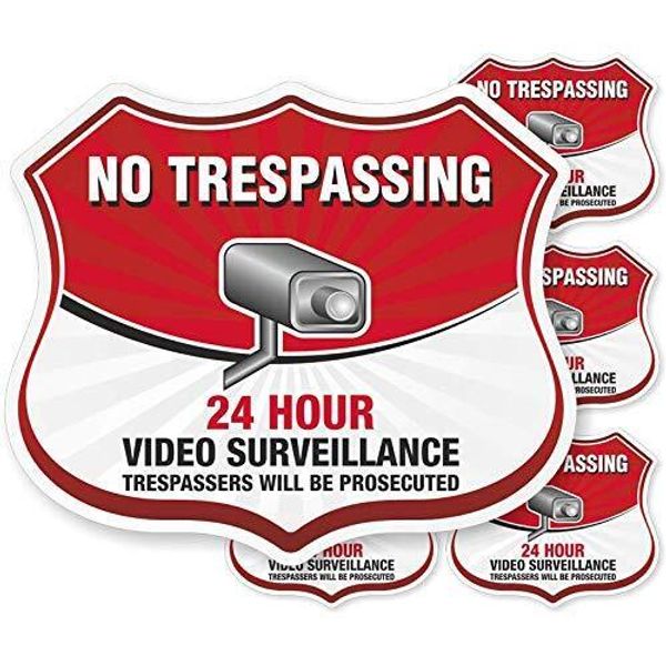 5 Pieces 24 Hours Video Recording Surveillance No Trespassing Sign Sticker