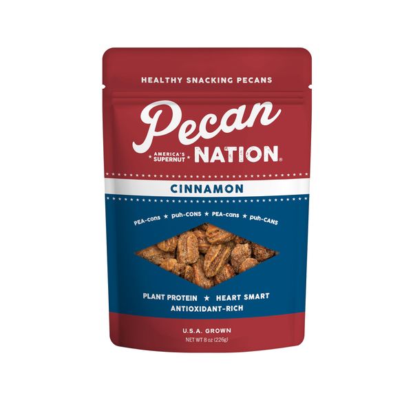 Pecan Nation Cinnamon Roasted Pecan Halves 8 oz., Natural, No preservatives, Antioxidant-Rich, Non-GMO, Healthy Snacking Pecans for Adults and Kids