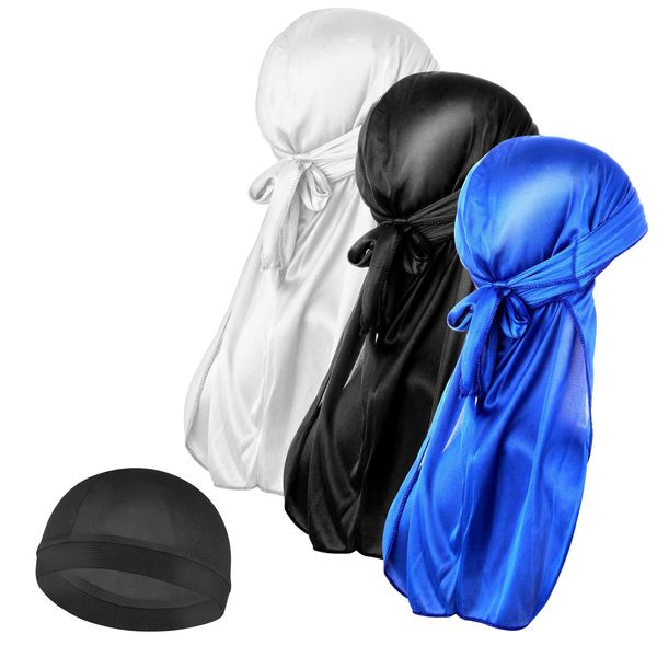 Molain Herren 3 Stück Seiden-Wellenkappe und 1 Stück seidige Durag-Kappen mit langem Schwanz Headwraps Elastische Durags Weiche atmungsaktive seidige Strumpf-Wellen-Haarkappe Perfekt für 360/720