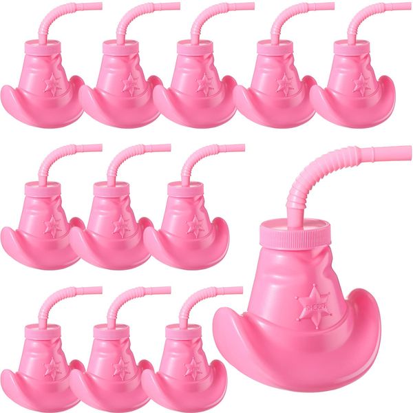 Gerrii 12 Pcs Cowboy Hat Party Cups Cowgirl Hat Cups with Straw and Lids 10 oz Plastic Cowboy Party Cups for Western Themed Party Rodeo Party Favors Supplies Decorations (Pink)