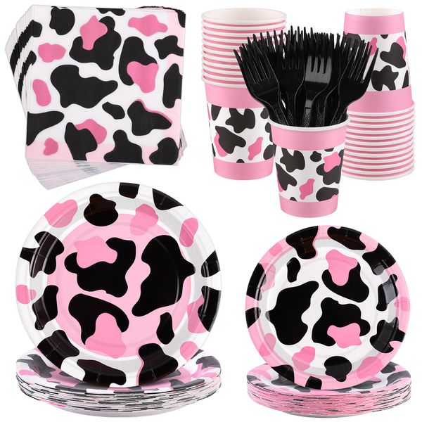 Kochorie 144 Pieces Pink Cow Print Party Tableware Sets Including Disposable Plates Napkins Cups Forks Serves 24 for Cow Theme Farm Animal Party Supplies