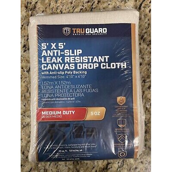 Tru Guard 5x5 anti-slip Canvas Drop cloth Leak Resistant Poly Backing MediumDuty