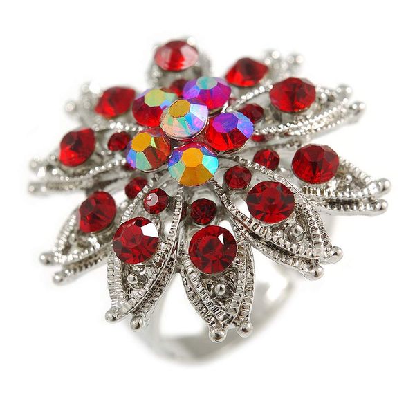 Avalaya Red Crystal Flower Ring/Silver Tone/Size 7/8 Adjustable