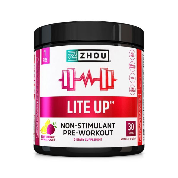 Zhou Nutrition Lite Up, Non-Stimulant Pre Workout Powder, Caffeine Free Nitric Oxide Booster, No Sugar Added, Vegan, Gluten Free, Non GMO, Berry Lemonade, 7.5 Oz