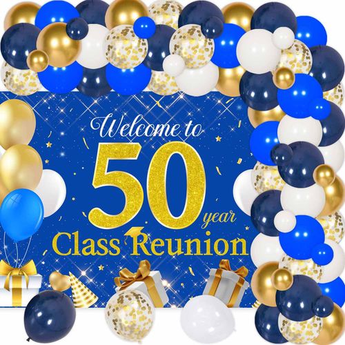 50th Year Class Reunion Party Decoration, Blue and Gold Balloon Arch,Blue and Gold 50th Anniversary Class Reunion Theme Backdrop Balloon Garland Kit