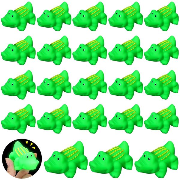 Jenaai 24 Pcs Mini Rubber Crocodile Baby Bath Toys for Girls Boys Luminous Squeaky Alligator Bathtub Toys Glow in The Dark Floating Toys Bulk Light up for Summer Pool Shower Beach Birthday Party