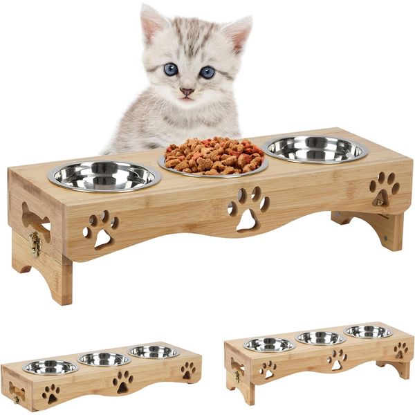 JAZUIHA Elevated Cat Bowls, Raised Cat Food Bowl Set Stainless Pet Dishes Feeder with Wooden Stand, Food and Water Bowl for Cat and Small Dog (Wood Color)