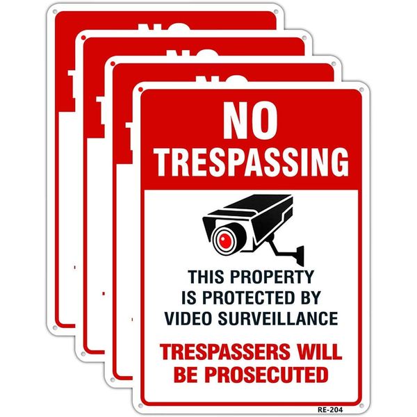 Large Video Surveillance Signs, 10"x14", Aluminum, UV Printed, 4-Pack