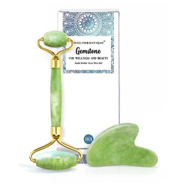 ROSELYNBOUTIQUE Jade Face Roller Gua Sha Facial Tools - Face Massager Guasha Skin Care Tool for Men Women (Green w Jade Roller)